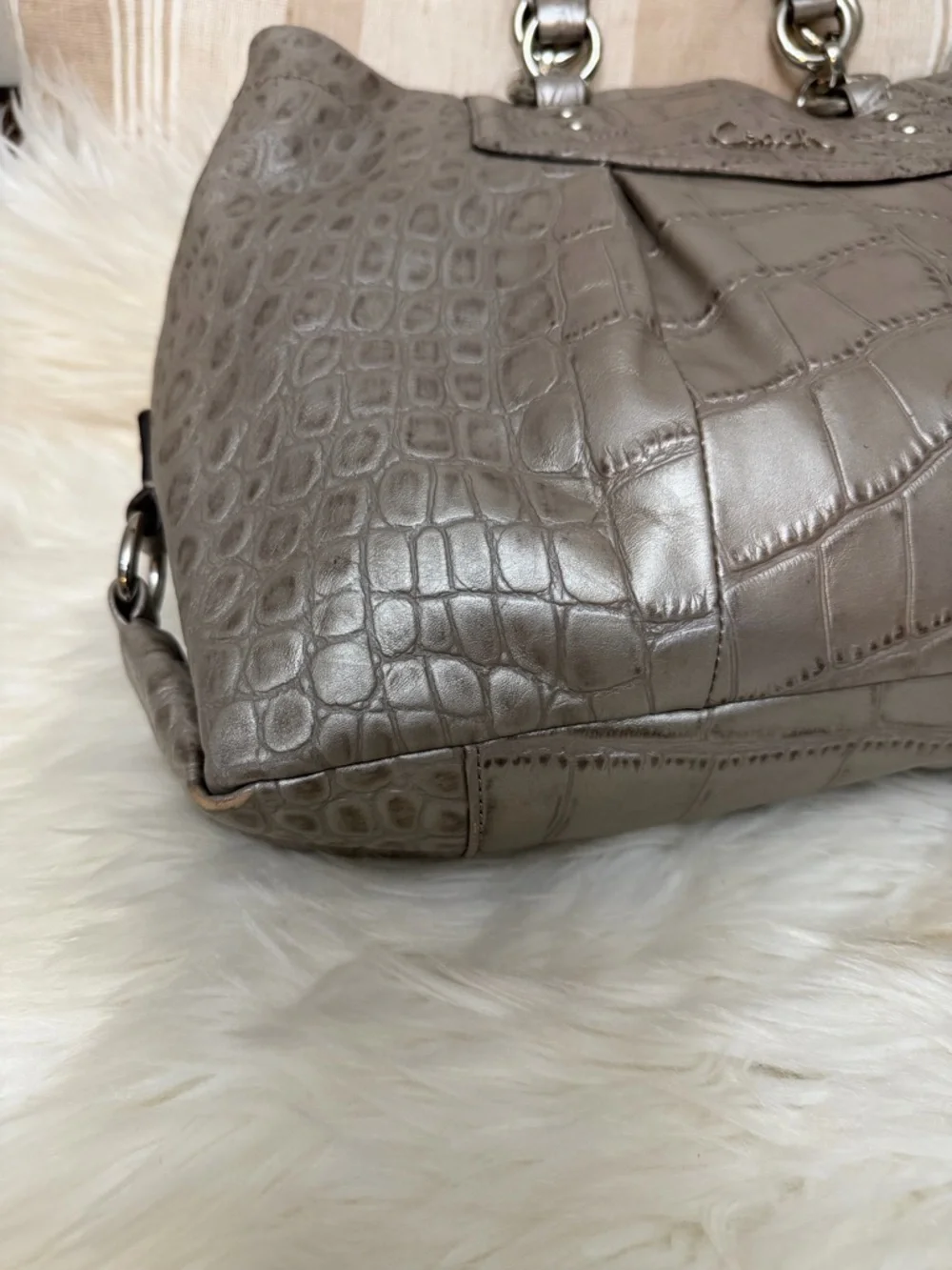 Coach Metallic Silver Croc-Embossed Tote#F20345
